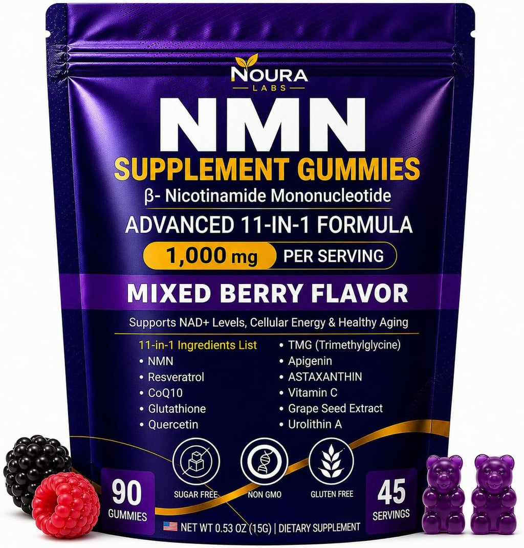 NMN Supplement Gummies 1000mg Per Serving 11-in-1 with Nicotinamide Mononucleotide, Resveratrol, CoQ10, Quercetin & Gluthathione NAD+Supplement Precusor Mix Berries (90 Count)