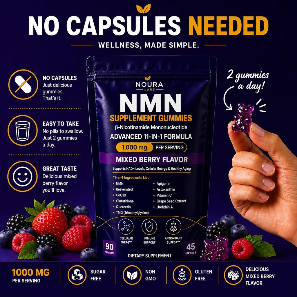 NMN Supplement Gummies 1000mg Per Serving 11-in-1 with Nicotinamide Mononucleotide, Resveratrol, CoQ10, Quercetin & Gluthathione NAD+Supplement Precusor Mix Berries (90 Count)
