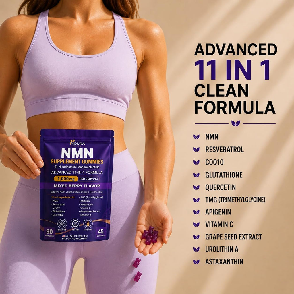 NMN Supplement Gummies 1000mg Per Serving 11-in-1 with Nicotinamide Mononucleotide, Resveratrol, CoQ10, Quercetin & Gluthathione NAD+Supplement Precusor Mix Berries (90 Count)