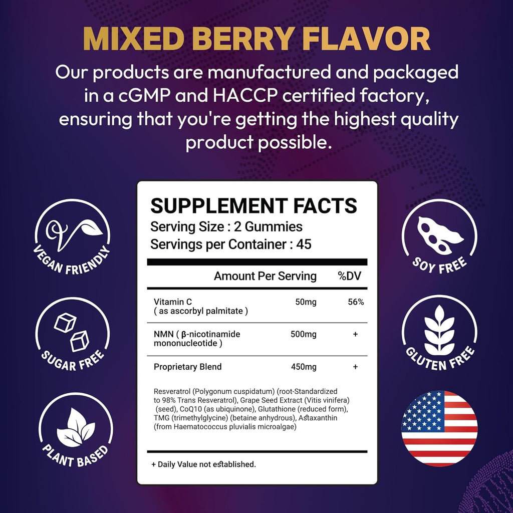 NMN Supplement Gummies 1000mg Per Serving 11-in-1 with Nicotinamide Mononucleotide, Resveratrol, CoQ10, Quercetin & Gluthathione NAD+Supplement Precusor Mix Berries (90 Count)