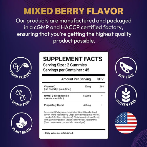 NMN Supplement Gummies 1000mg Per Serving 11-in-1 with Nicotinamide Mononucleotide, Resveratrol, CoQ10, Quercetin & Gluthathione NAD+Supplement Precusor Mix Berries (90 Count)